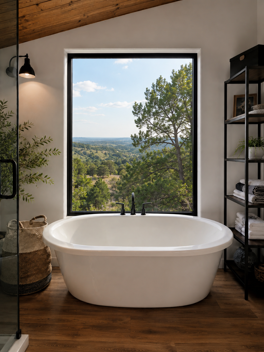 Luxury bathroom with freestanding tub and black-frame picture window overlooking Texas Hill Country