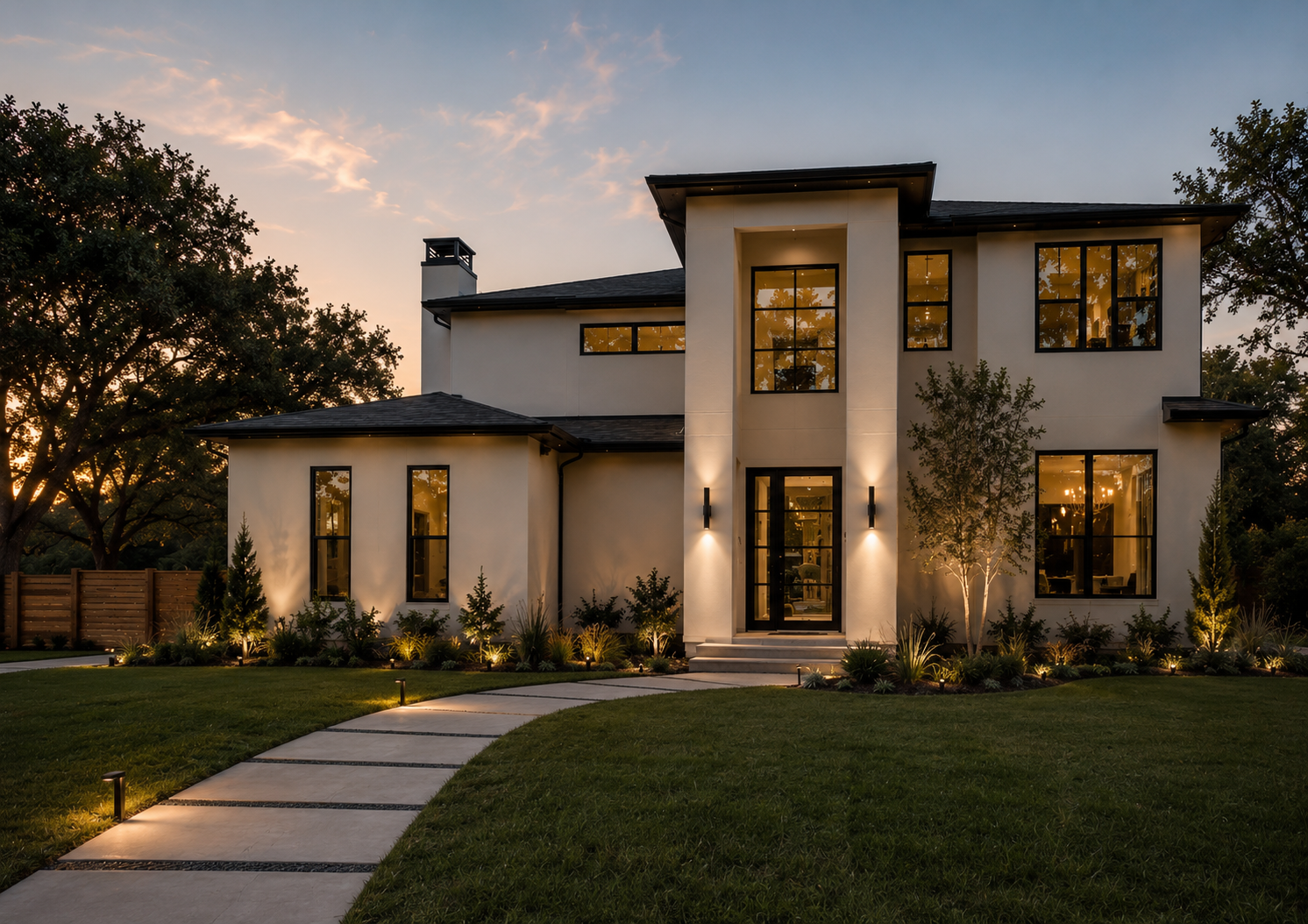 Modern two-story home at dusk with black-frame windows and glass entry door, illuminated landscaping