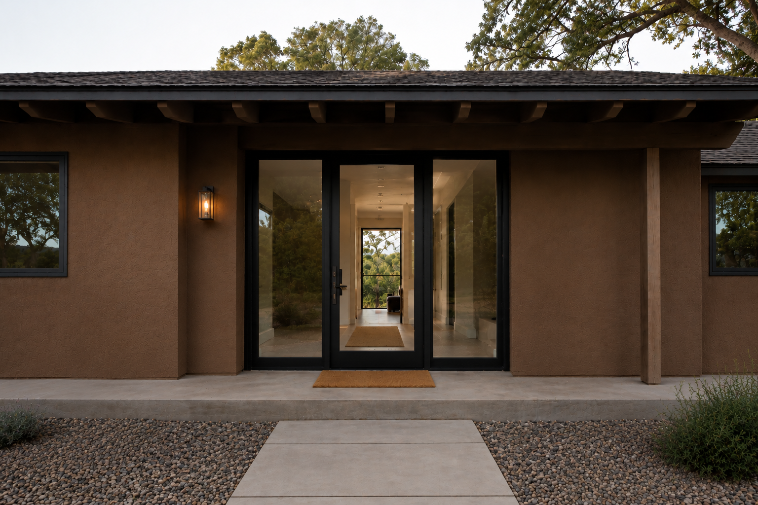 Modern home entry with black-framed glass doors