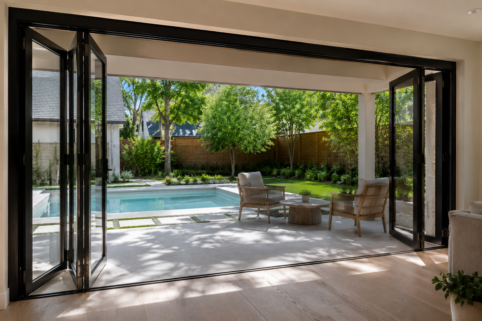 Multi-panel folding glass doors opening to pool
