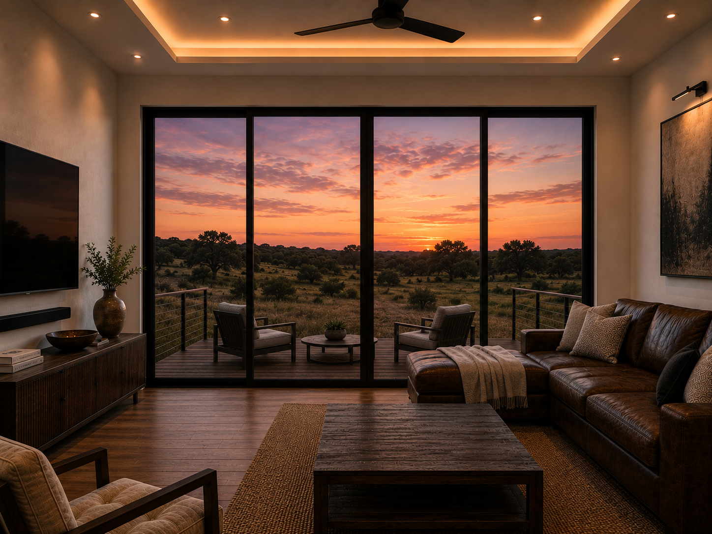 Bathroom with black-framed picture window and Hill Country view
